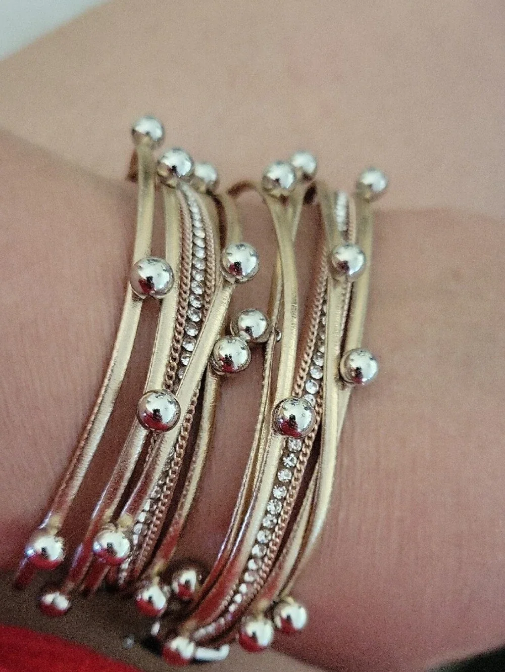 Multi-Strand Metallic Bead Layered Bracelet- Rose Gold & Silver